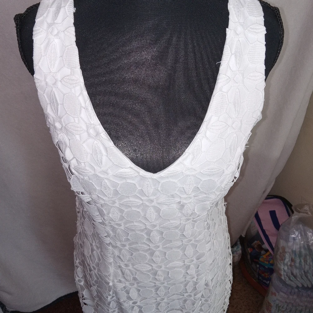 Bisou Bisou Ivory Lace Detail Midi Dress Size 6 Beautiful, Corset Back Split Hem
